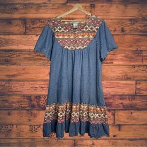 Vintage Boho Denim Tiered Paisley Jumper Dress 2X